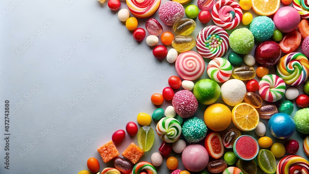Candy and sweets in copy-space background concept, big blank space. Place to adding text blank copy space. Chocolate Candy Cones Candy and sweets in copy-space background concept, big blank space. Place to adding text blank copy space. Chocolate Candy Cones