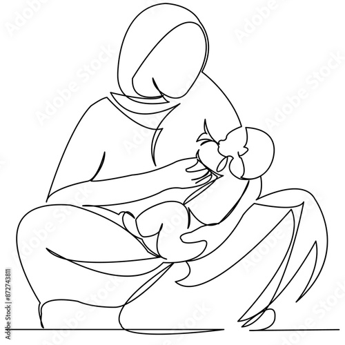 continuous single drawn one line indian woman krmit her child with a breast drawn hand-drawn picture silhouette. Line art. character woman with a child. doodle