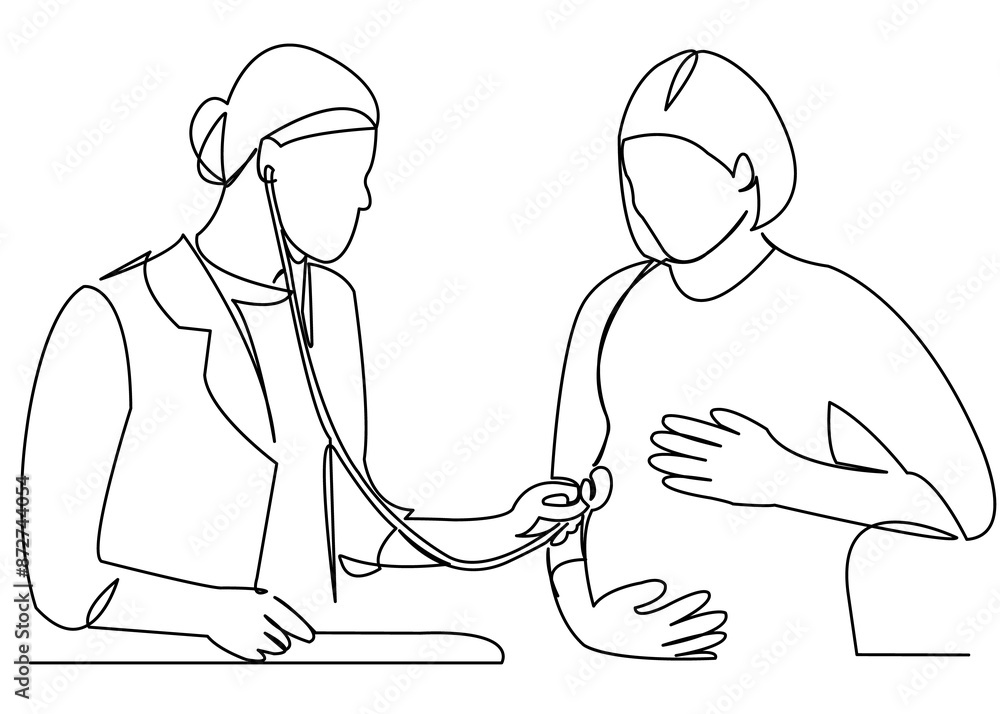 continuous single drawn one line doctor examines pregnant woman hand-drawn picture silhouette. Line art. doodle continuous single drawn one line doctor examines pregnant woman hand-drawn picture silhouette. Line art. doodle