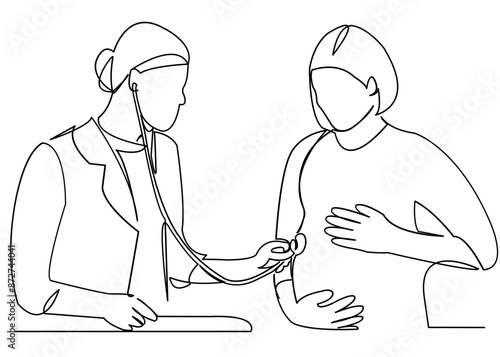 continuous single drawn one line doctor examines pregnant woman hand-drawn picture silhouette. Line art. doodle
