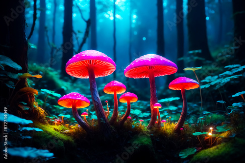 Bioluminescent Mushrooms in a Dark Forest © Rysak