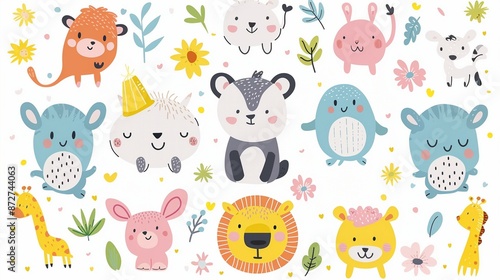 Seamless Illustration in cartoon style of funny animal faces on a white background