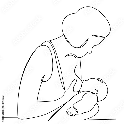 continuous single drawn one line woman is breastfeeding a child drawn picture silhouette. Line art. character mother feeds a newborn baby.Doodle