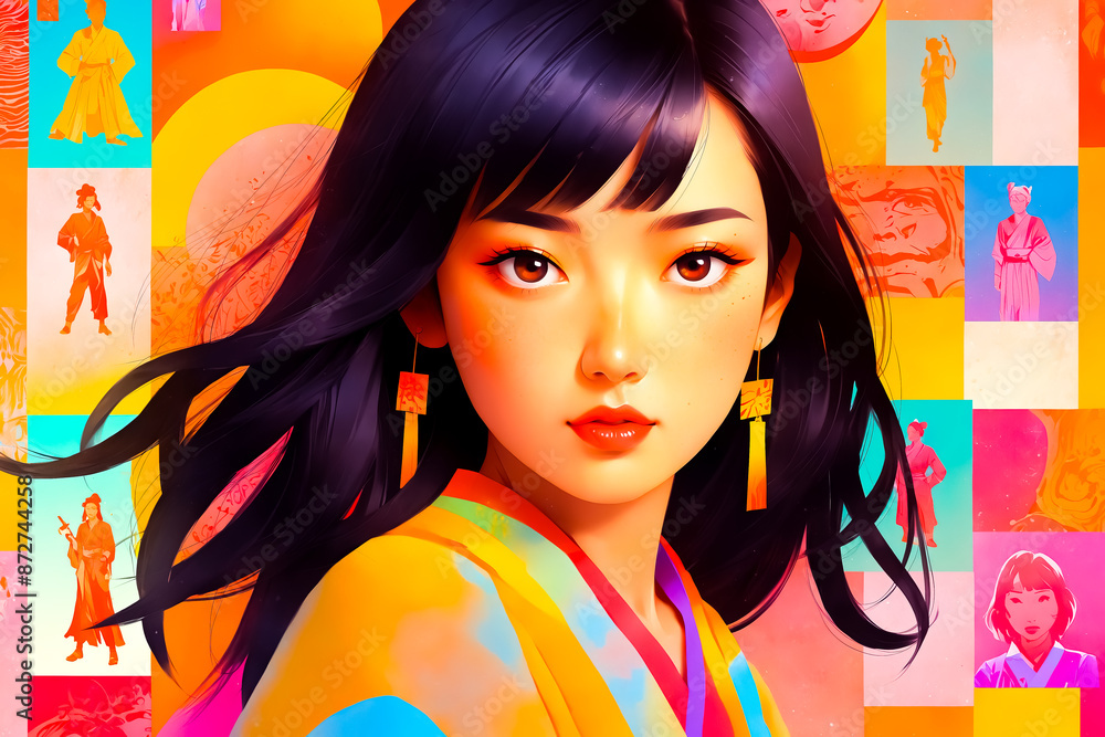 Obraz premium Beautiful Asian Woman with Long Black Hair and Colorful Background