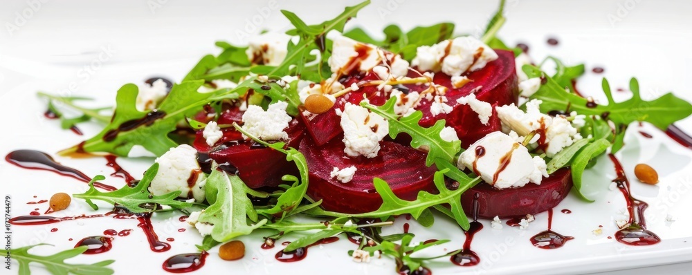 Fototapeta premium A vibrant beet and goat cheese salad with arugula and a drizzle of balsamic vinaigrette. Isolated on pure white background