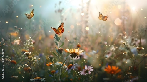 Vibrant Meadow with Fluttering Butterflies in Idyllic Natural Landscape