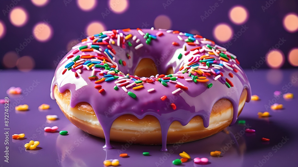 A pink glazed donut with colorful sprinkles on a Purple bokeh background A pink glazed donut with colorful sprinkles on a Purple bokeh background