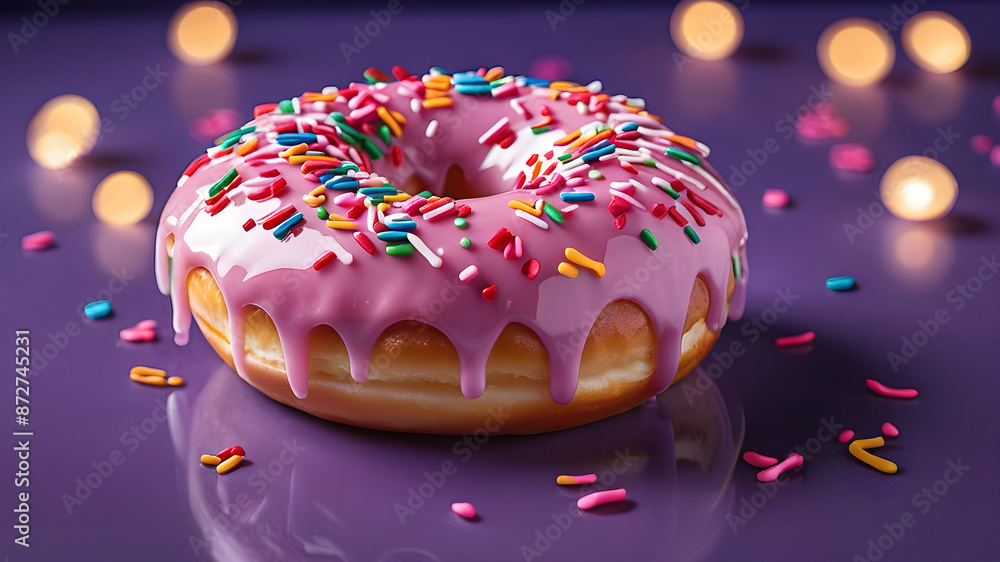 A pink glazed donut with colorful sprinkles on a Purple bokeh background A pink glazed donut with colorful sprinkles on a Purple bokeh background