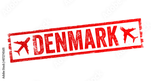 Denmark - is a Nordic country in the south-central portion of Northern Europe, text emblem stamp with airplane
