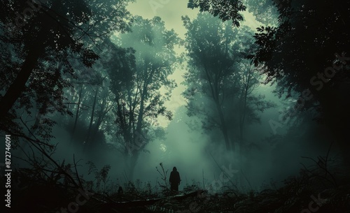 Silhouette of a Person Walking Through a Foggy Forest at Night