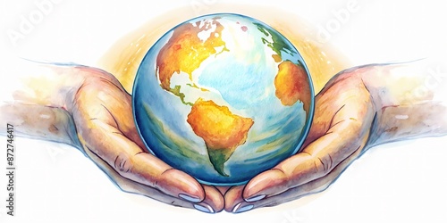 Fototapeta Naklejka Na Ścianę i Meble -  A solitary, glowing, terrestrial globe with gentle, warm lighting, nestled comfortably in a pair of elegant, curled-up, tender hands, symbolizing care and protection.
