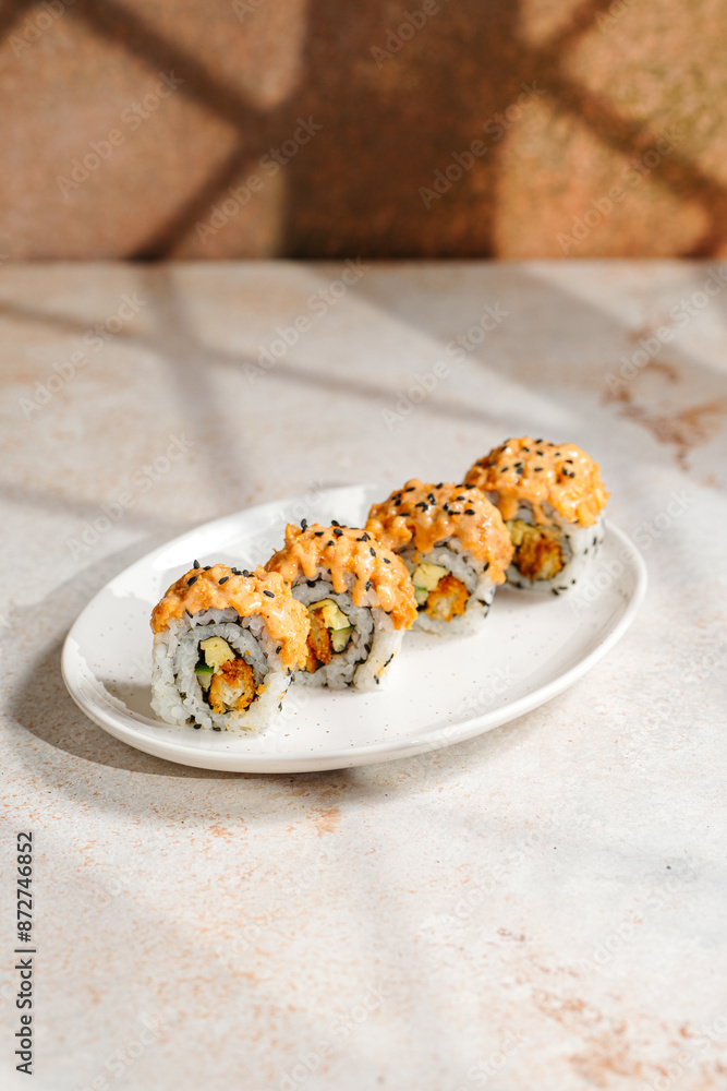 sushi is a Japanese dish of prepared vinegared rice, usually with some sugar and salt, accompanied by a variety of ingredients such as seafood, often raw and vegetables. sushi is a Japanese dish of prepared vinegared rice, usually with some sugar and salt, accompanied by a variety of ingredients such as seafood, often raw and vegetables.