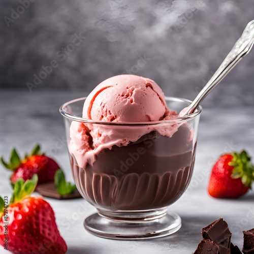 Coppetta di cioccolato fuso con gelato alla fragola e fragole intere photo