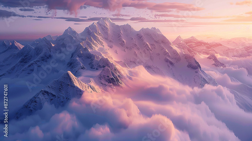 A majestic mountain peak towering above the clouds, bathed in golden sunlight with a soft mist rising from its base photo