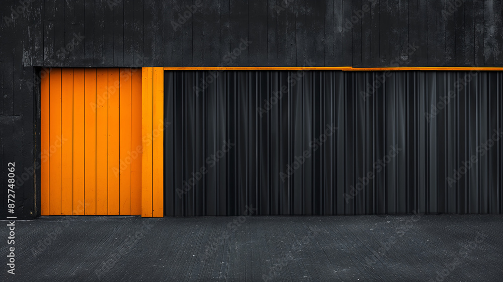 Minimalistic modern industrial building facade featuring a vivid orange door next to a closed black rolling shutter, creating striking contrast - Generative AI Minimalistic modern industrial building facade featuring a vivid orange door next to a closed black rolling shutter, creating striking contrast - Generative AI