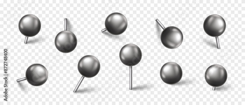 Vector 3D silver pin with shadow isolated on transparent background. Set of realistic plastic round thumbtack in different angles.