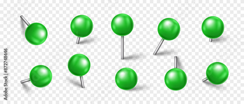 Vector 3D green pin with shadow isolated on transparent background. Set of realistic plastic round thumbtack in different angles.