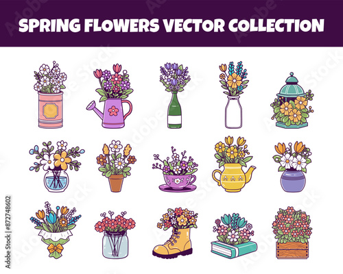 Spring flowers with pot vector illustration set