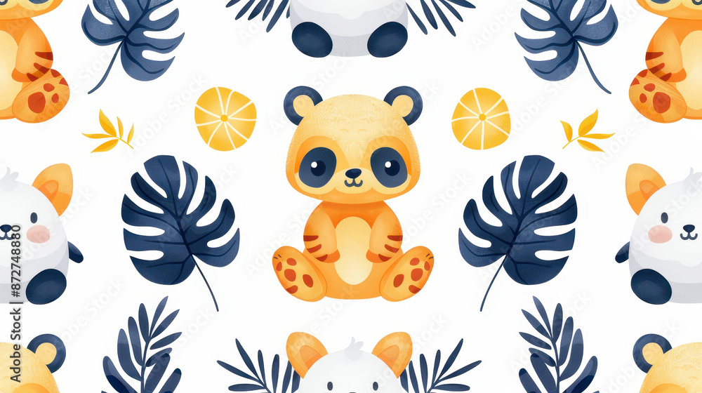 Adorable baby animal doodles on fabric. Vector pattern for nursery decorations. Cute and whimsical illustration. Adorable baby animal doodles on fabric. Vector pattern for nursery decorations. Cute and whimsical illustration.