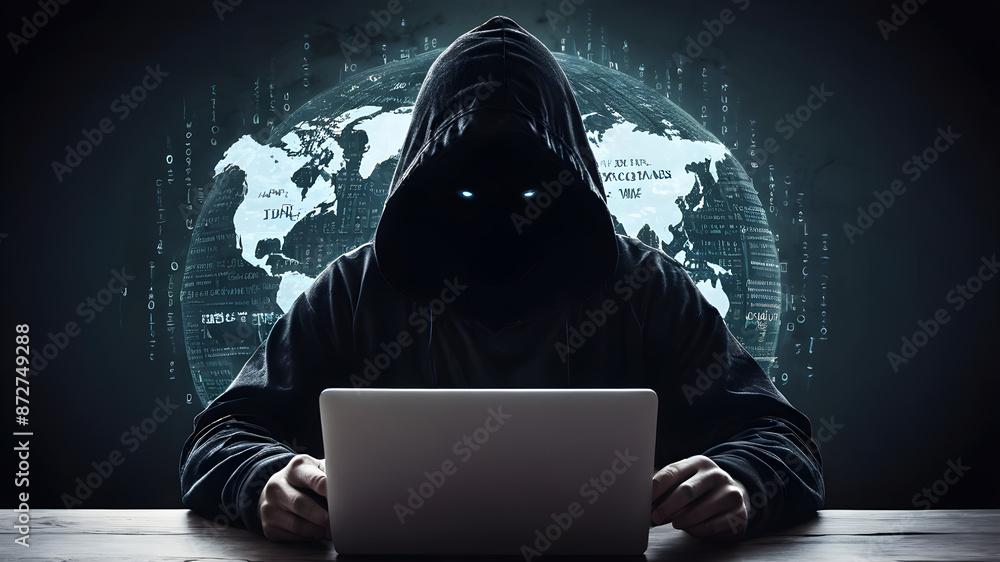 Hacker in data security concept. Silhouette of a hacker on binary codes on background. Hacker in data security concept. Silhouette of a hacker on binary codes on background.