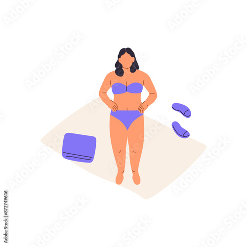 Abstract woman in swimsuit has a rest on beach. Girl in bikini standing on blanket, sunbathing on sea vacations. People are on seashore on summer holiday. Flat isolated vector illustration on white