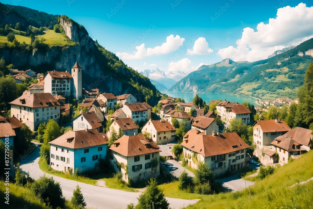 Obraz premium Picturesque Village Nestled in the Swiss Alps