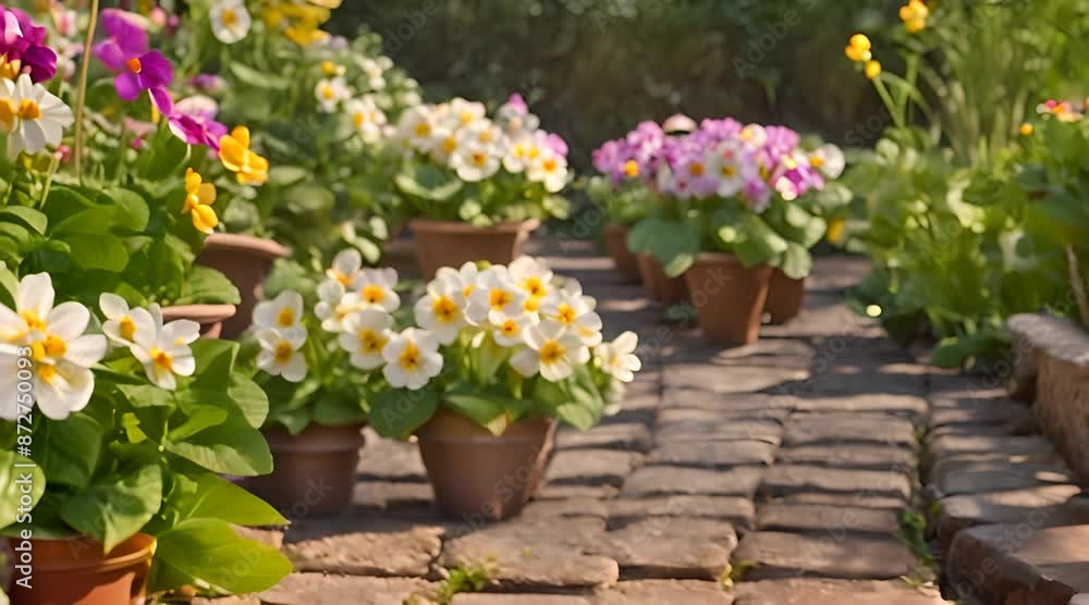 Primroses in pots on the garden path Primroses in pots on the garden path