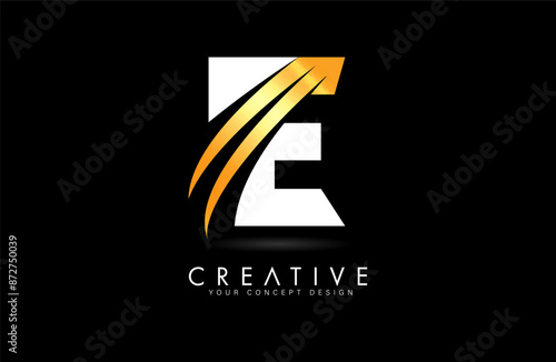 Letter E Logo Design in golden white colors with negative space Swooshes and creative font cut