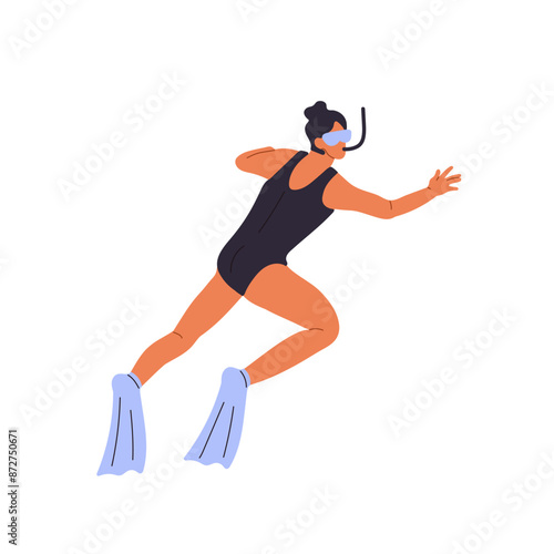 Woman in goggles, flippers swimming underwater. Swimmer goes scuba diving. Diver with snorkel is undersea, observes sea. Freediving in water. Flat isolated vector illustration on white background
