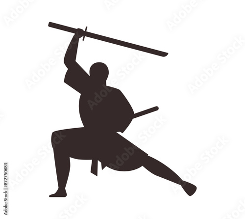 Ninja fighting position, vector black silhouette. isolated background.