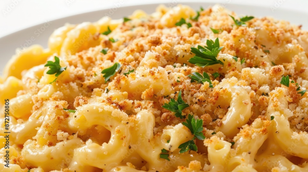 A rich and creamy mac and cheese, topped with breadcrumbs and fresh parsley. Isolated on pure white background A rich and creamy mac and cheese, topped with breadcrumbs and fresh parsley. Isolated on pure white background