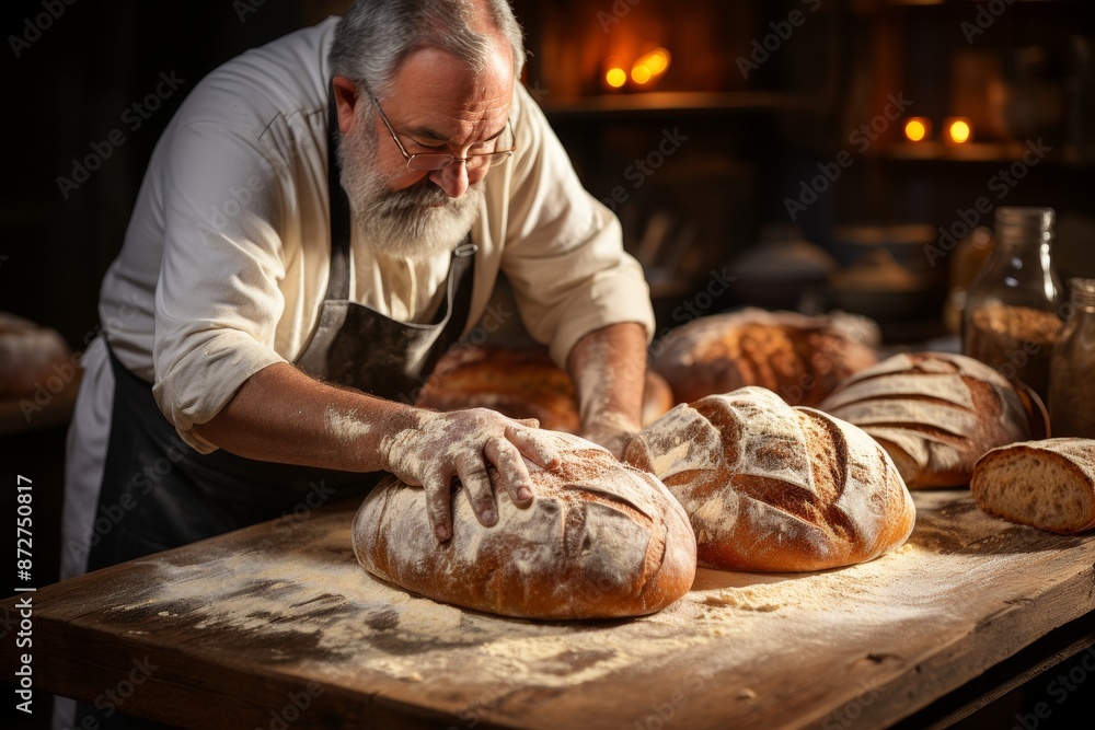 Experienced baker skillfully and meticulously prepares and bakes delicious fresh bread Experienced baker skillfully and meticulously prepares and bakes delicious fresh bread
