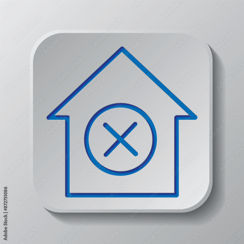 Deny, house simple icon. Flat desing. Paper cut design. Cutted blue symbol with shadow. Gray badge button, gray background Deny, house simple icon. Flat desing. Paper cut design. Cutted blue symbol with shadow. Gray badge button, gray background