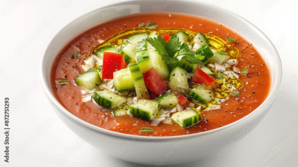 A refreshing bowl of gazpacho, garnished with diced cucumber, red bell pepper, and a drizzle of olive oil. Isolated on pure white background A refreshing bowl of gazpacho, garnished with diced cucumber, red bell pepper, and a drizzle of olive oil. Isolated on pure white background
