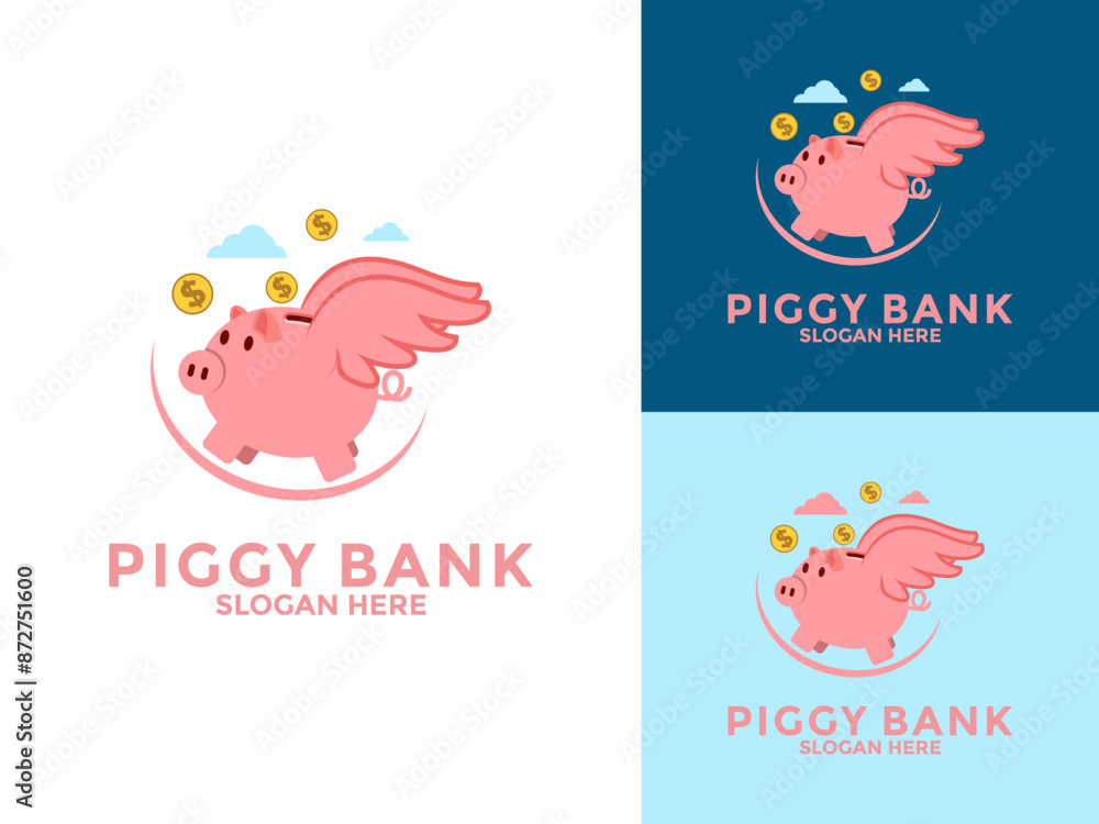 Fototapeta premium Piggy bank logo vector icon, savings and investment logo concept, Piggy Bank with wings logo template