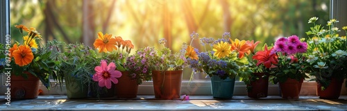 Colorful Flowers in Pots on Windowsill With Sunlight Streaming In