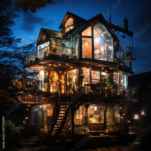 Cozy Night Scene: Treehouse Illuminated in Backyard © Nastassia