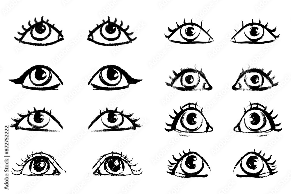 Hand drawn eyes set in cartoon doodle style. Hand brushes eyes black ink eyes on white background