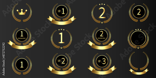 Vector Set of Gold award, laurel wreaths, Ranking, Medal, Crown and Ribbon. VIP. Luxury Golden labels.	