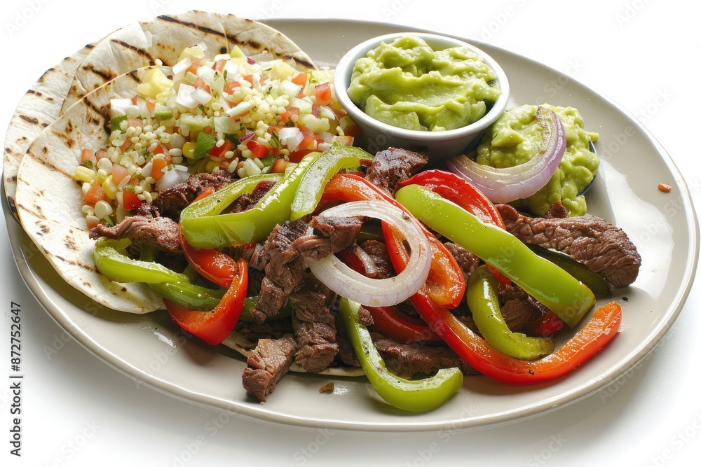 A plate of tender beef fajitas with bell peppers and onions, served with tortillas and a side of guacamole. Isolated on pure white background A plate of tender beef fajitas with bell peppers and onions, served with tortillas and a side of guacamole. Isolated on pure white background