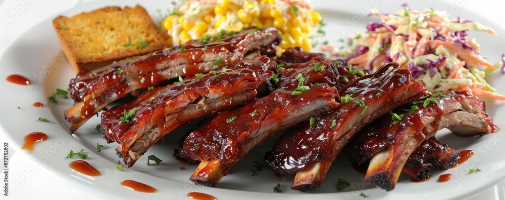 A plate of tender BBQ ribs with a side of coleslaw and cornbread. Isolated on pure white background A plate of tender BBQ ribs with a side of coleslaw and cornbread. Isolated on pure white background