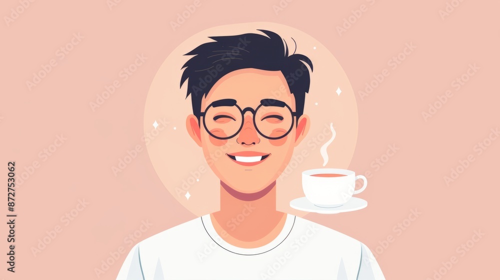 Happy Asian Man With Glasses and white t-shirt Enjoying Coffee On Pink Background, flying coffee cup Happy Asian Man With Glasses and white t-shirt Enjoying Coffee On Pink Background, flying coffee cup