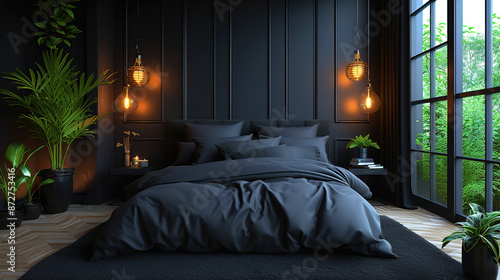 Luxurious modern beautiful black bedroom interior design 