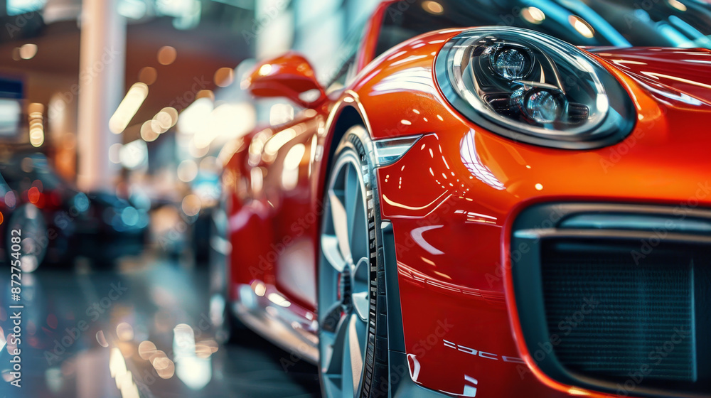 Close up of a modern red car in a car dealership. Car suitable for automotive industry promotions. Blurred background. Selective focus. Generative AI. Close up of a modern red car in a car dealership. Car suitable for automotive industry promotions. Blurred background. Selective focus. Generative AI.