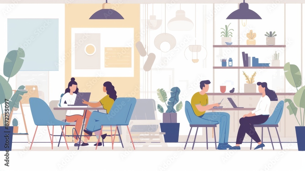 Modern Office Break Room in Flat Design - Cozy and Casual Workplace Environment Illustration for Businesses Modern Office Break Room in Flat Design - Cozy and Casual Workplace Environment Illustration for Businesses