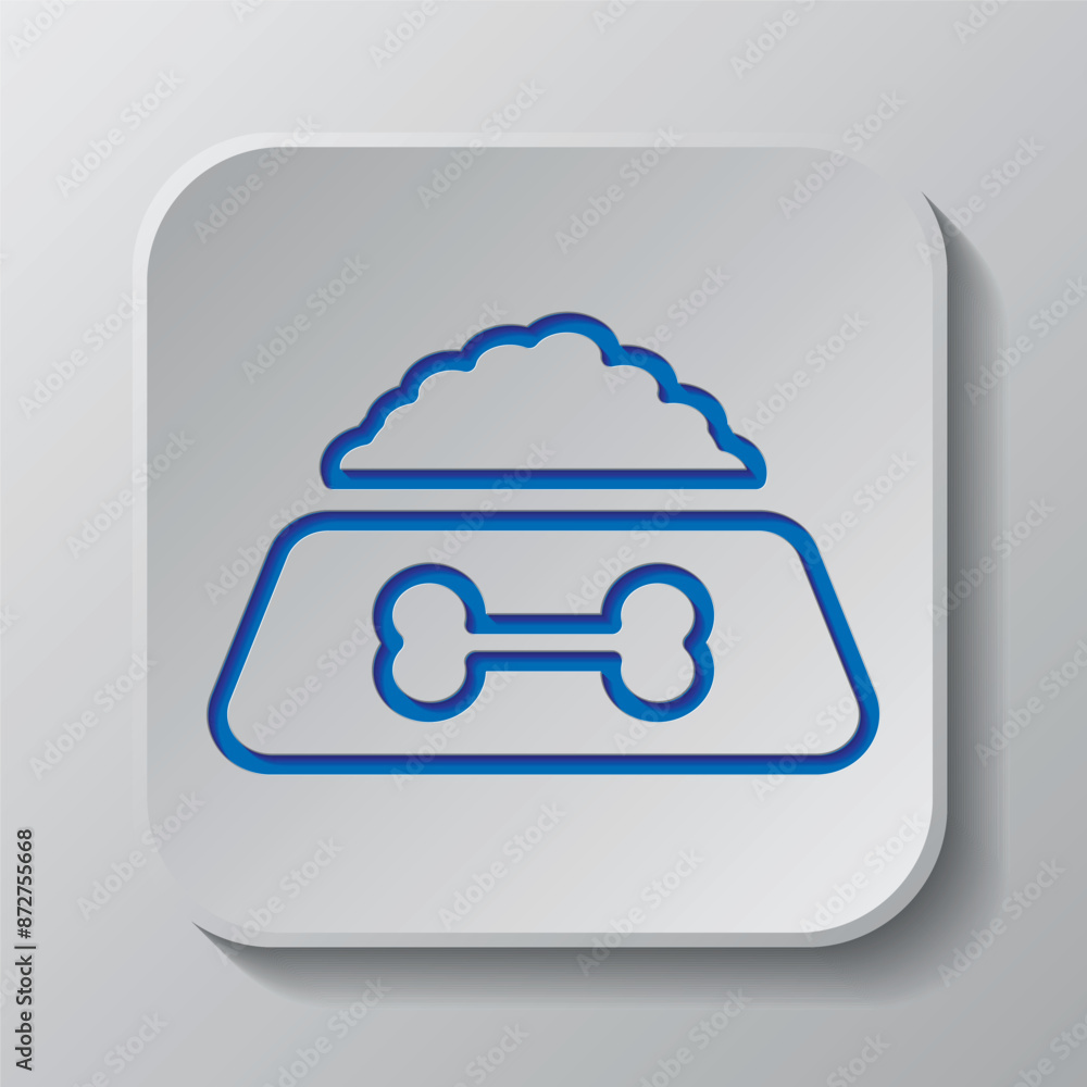 Dog bowl simple icon vector. Flat design. Paper cut design. Cutted blue symbol with shadow. Gray badge button, gray background Dog bowl simple icon vector. Flat design. Paper cut design. Cutted blue symbol with shadow. Gray badge button, gray background