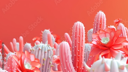 Pink and White Cactus and Flowers Against a peach Coral Background, copy space, background, mexican vibe © keystoker