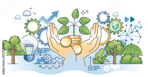 Growth business strategy for financial development outline hands concept. Green investment profit raise vector illustration. Successful and effective improvement with money earning trend for future.