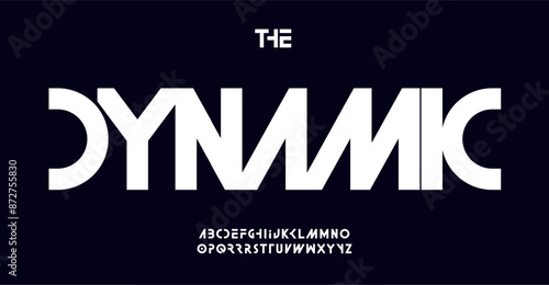Dynamic futuristic typography font design. Sleek modern minimal letters with cutouts for tech logos, EDM posters, cyberpunk themes, racing sports brands. Contemporary typographic. Vector typeset