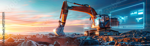 A powerful excavator is shown working in a rock field, surrounded by digital data visualizations